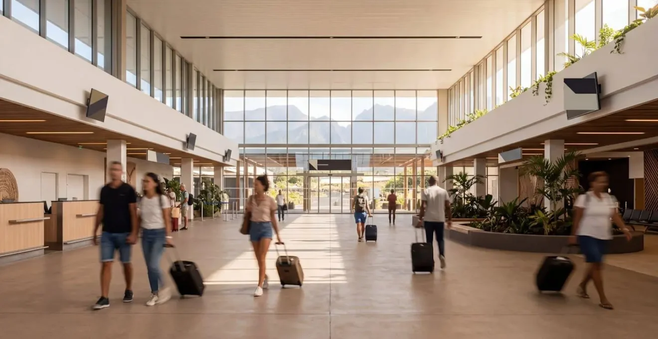 Vue panoramique de l'aéroport Roland Garros de La Réunion avec voyageurs