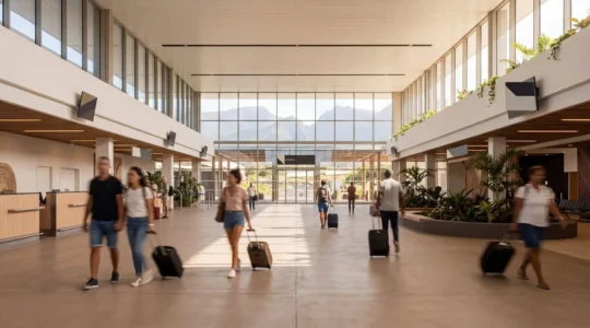 Vue panoramique de l'aéroport Roland Garros de La Réunion avec voyageurs