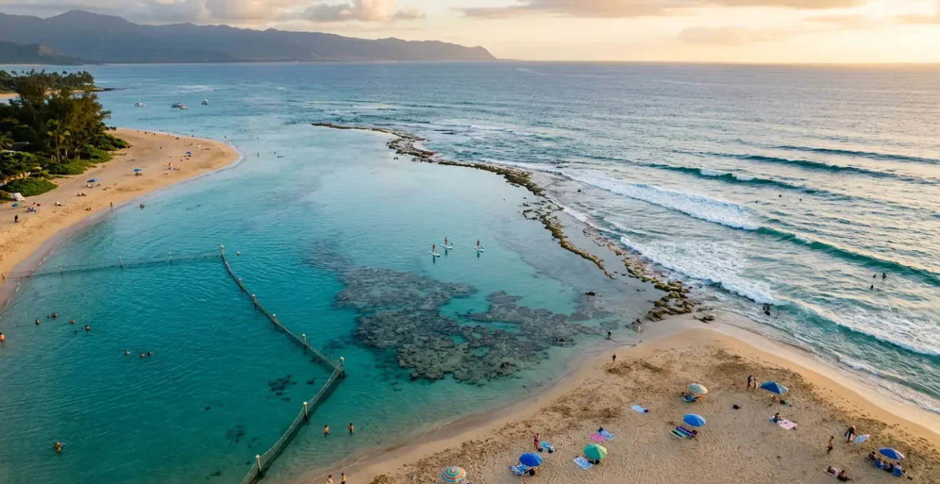Vue aérienne des trois plages de l'ouest de la Réunion avec baigneurs et filet de protection visible
