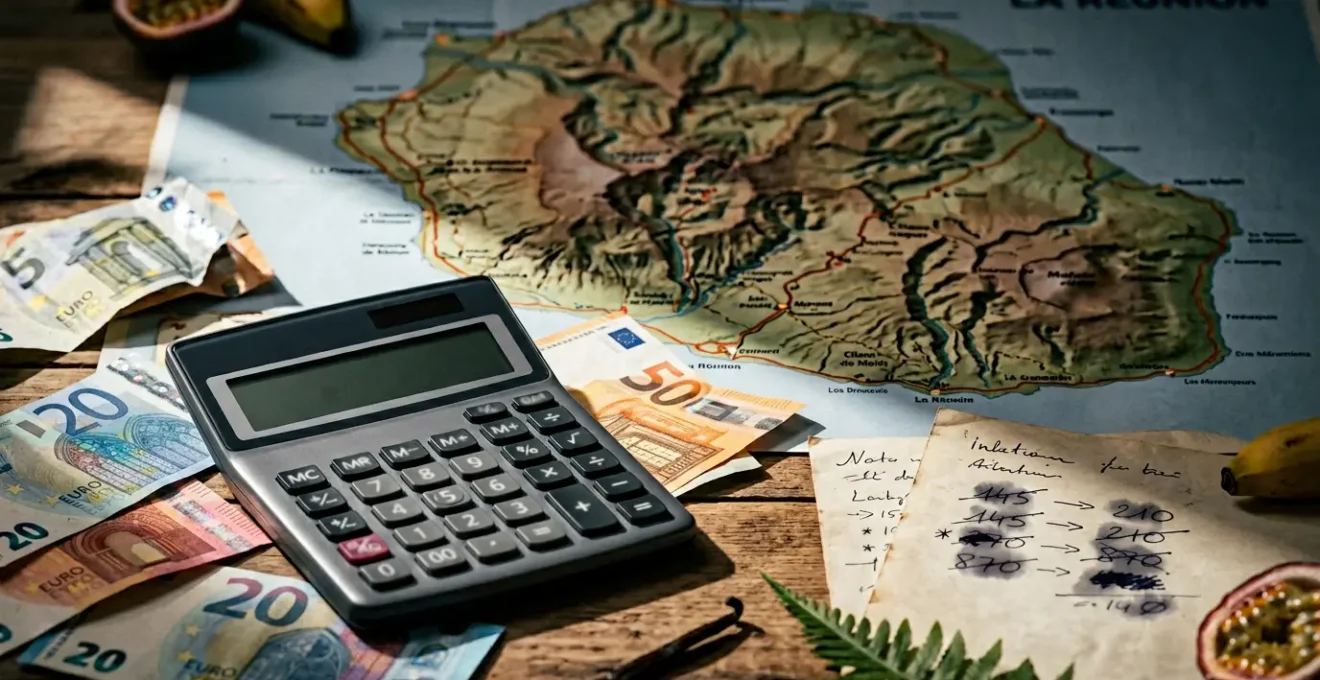 Calculatrice moderne entourée de billets d'euros avec carte touristique de La Réunion et notes manuscrites de budget en arrière-plan flou