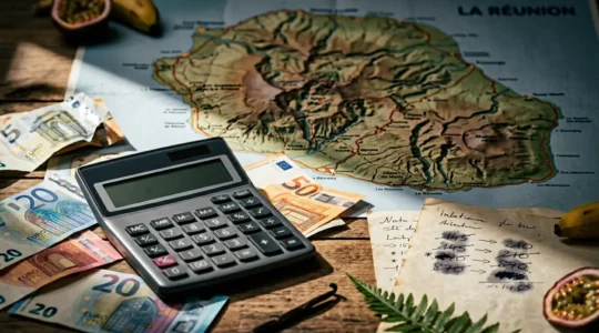 Calculatrice moderne entourée de billets d'euros avec carte touristique de La Réunion et notes manuscrites de budget en arrière-plan flou