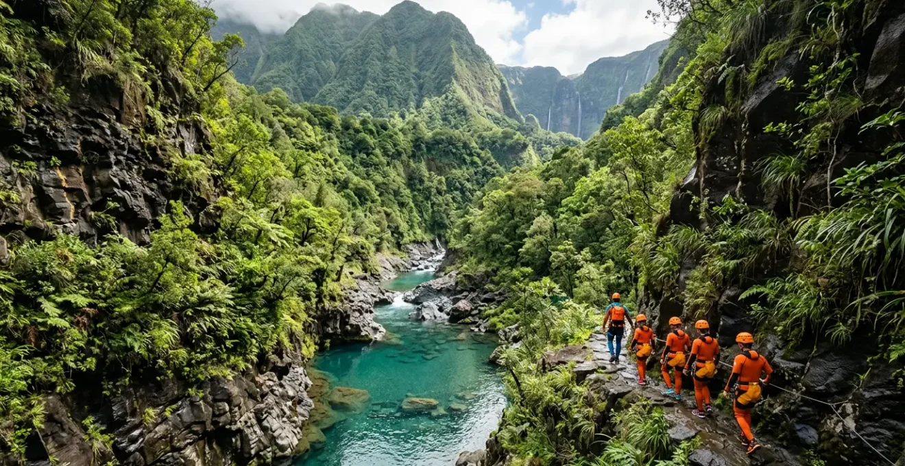 Groupe de canyonistes débutants en combinaison néoprène dans un canyon tropical de La Réunion, guidé par un professionnel lors d'un passage aquatique sécurisé