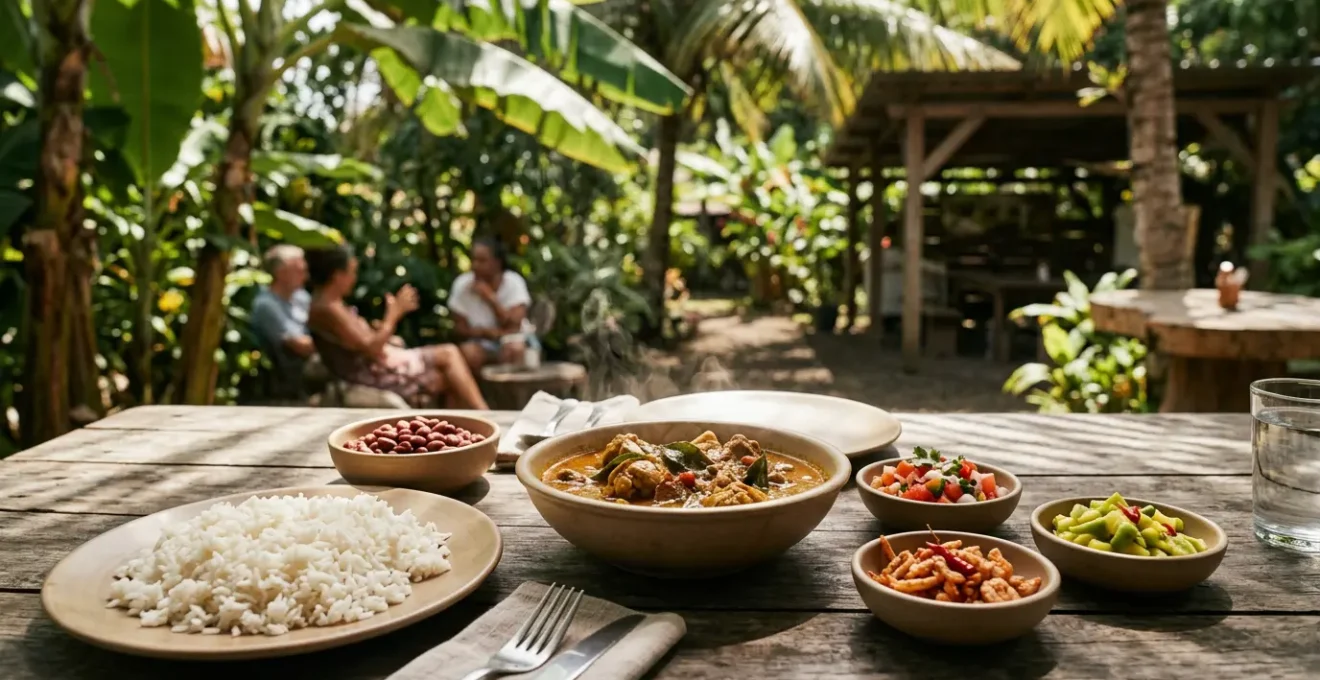 Table créole traditionnelle avec cari, riz et grains servis dans une atmosphère authentique réunionnaise