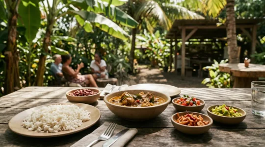 Table créole traditionnelle avec cari, riz et grains servis dans une atmosphère authentique réunionnaise