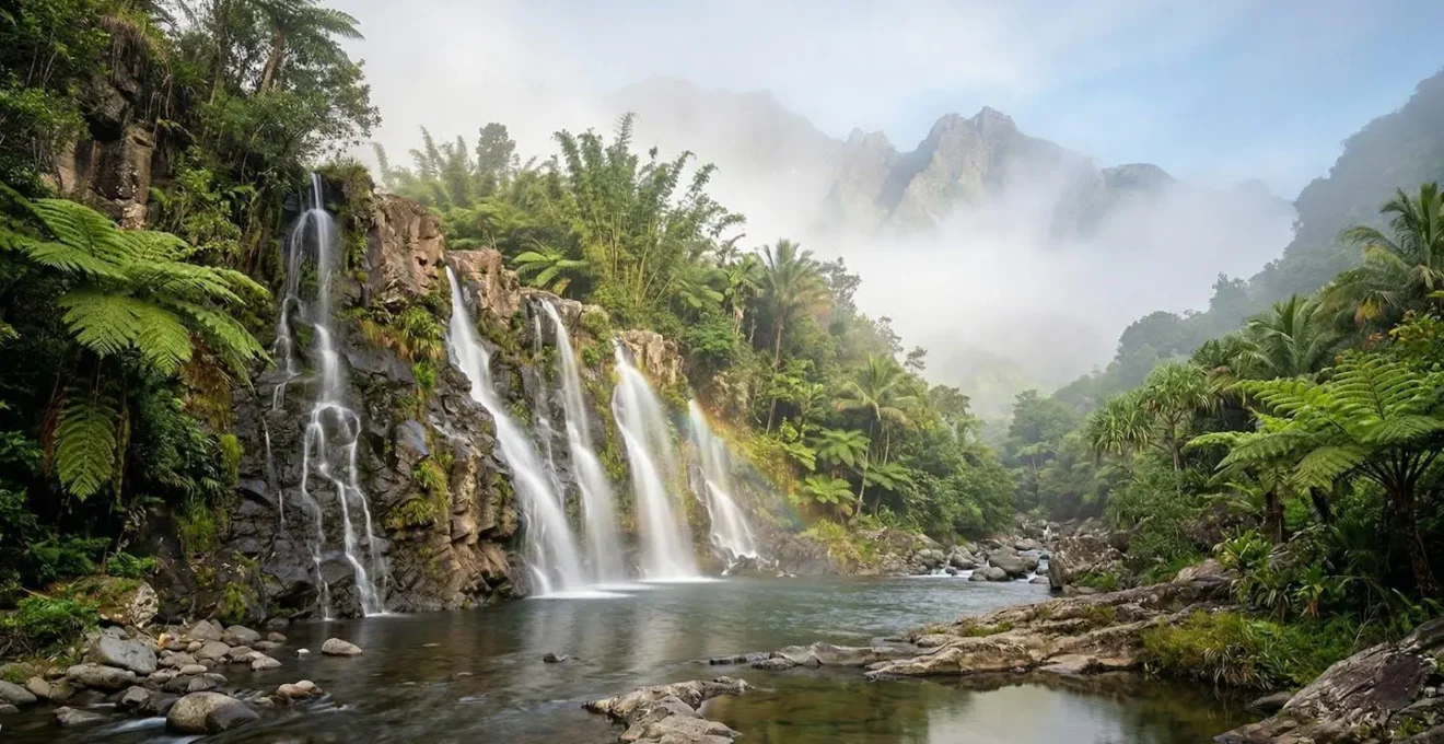 Vue panoramique de la cascade Grand Galet avec ses multiples filets d'eau sur paroi rocheuse, entourée de végétation tropicale luxuriante