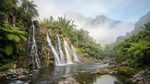 Vue panoramique de la cascade Grand Galet avec ses multiples filets d'eau sur paroi rocheuse, entourée de végétation tropicale luxuriante