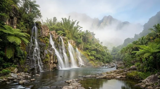 Vue panoramique de la cascade Grand Galet avec ses multiples filets d'eau sur paroi rocheuse, entourée de végétation tropicale luxuriante