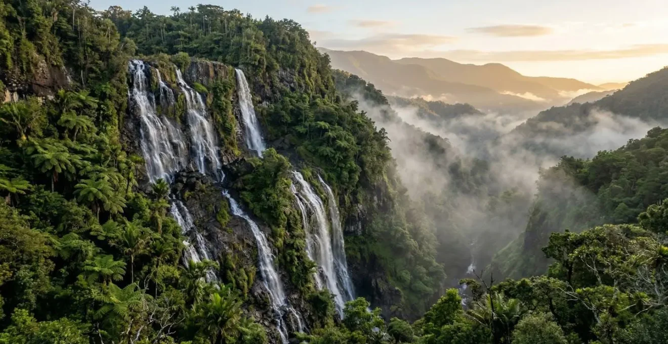 Vue panoramique de la cascade du Voile de la Mariée à Salazie dans la brume matinale avec la végétation tropicale luxuriante