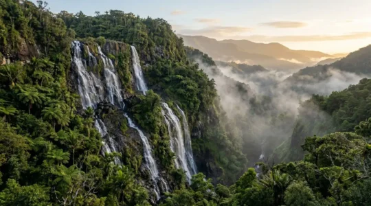Vue panoramique de la cascade du Voile de la Mariée à Salazie dans la brume matinale avec la végétation tropicale luxuriante