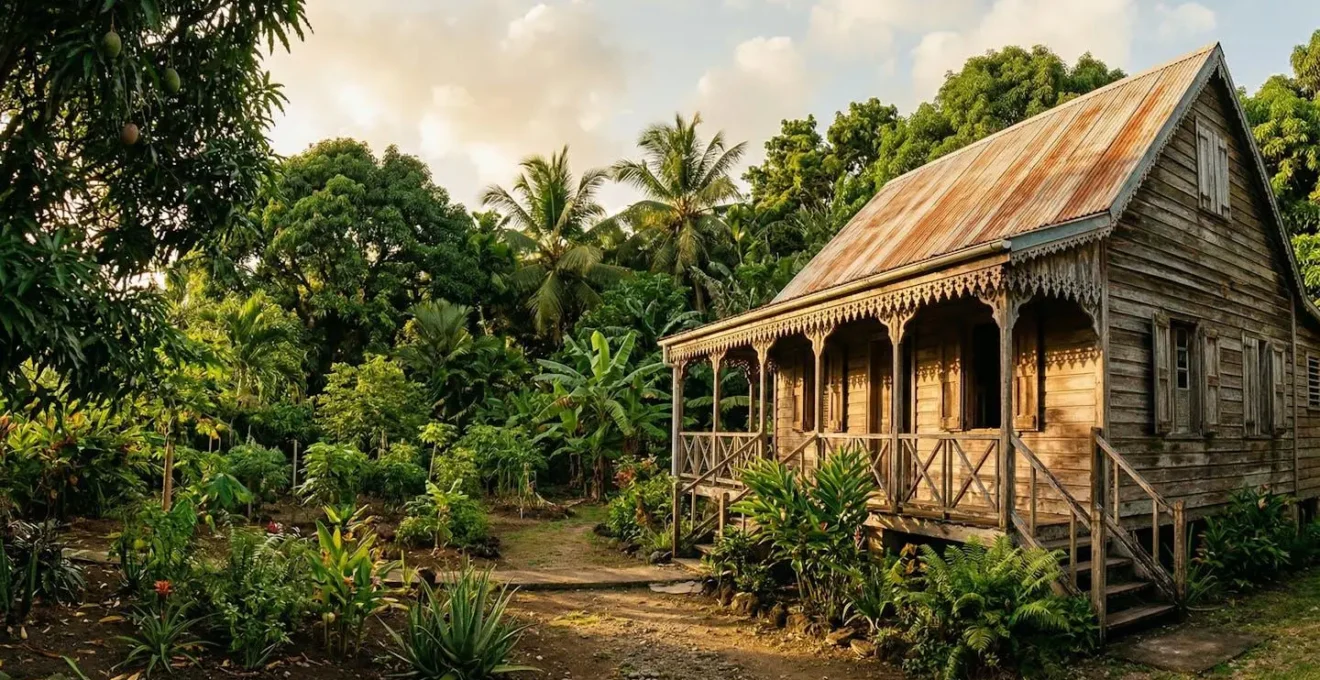 Case créole authentique avec varangue et lambrequins en fin d'après-midi