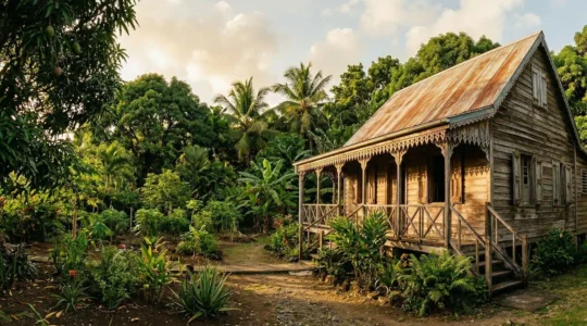 Case créole authentique avec varangue et lambrequins en fin d'après-midi