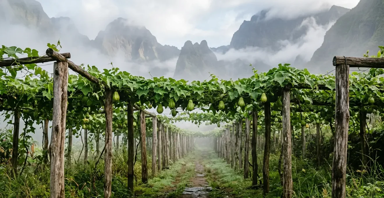 Treilles de chouchous luxuriantes dans le cirque de Salazie avec les montagnes brumeuses de la Réunion en arrière-plan