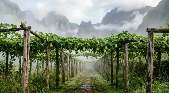 Treilles de chouchous luxuriantes dans le cirque de Salazie avec les montagnes brumeuses de la Réunion en arrière-plan