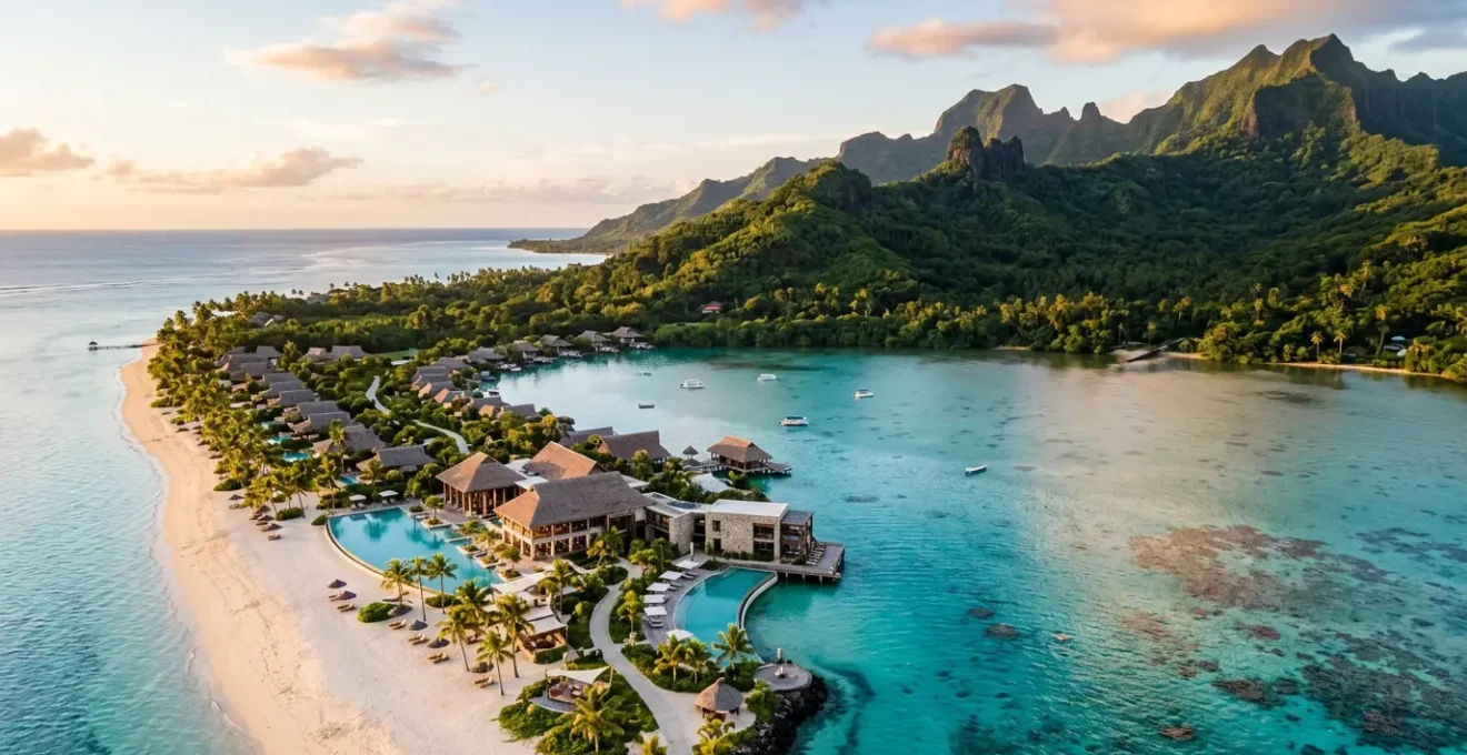 Vue aérienne d'un hôtel de luxe entre lagon turquoise et montagne tropicale