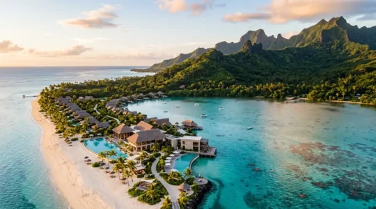 Vue aérienne d'un hôtel de luxe entre lagon turquoise et montagne tropicale
