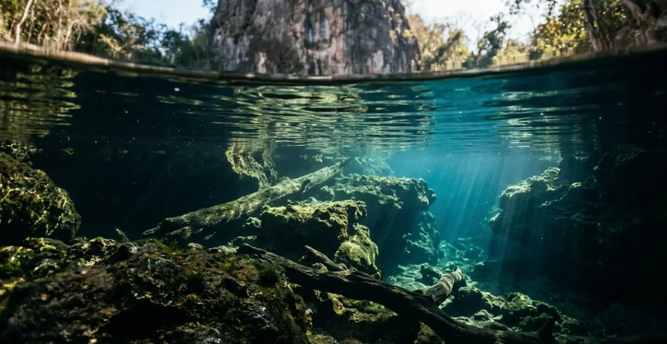 Vue sous-marine d'un bassin naturel avec jeu de lumière révélant les zones d'ombre et les courants invisibles