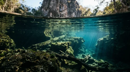 Vue sous-marine d'un bassin naturel avec jeu de lumière révélant les zones d'ombre et les courants invisibles