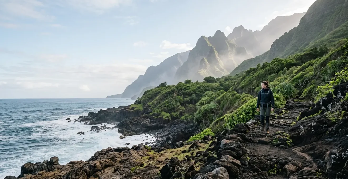 Vue panoramique de la côte réunionnaise avec montagne en arrière-plan et randonneur au premier plan