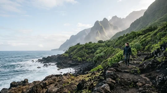 Vue panoramique de la côte réunionnaise avec montagne en arrière-plan et randonneur au premier plan