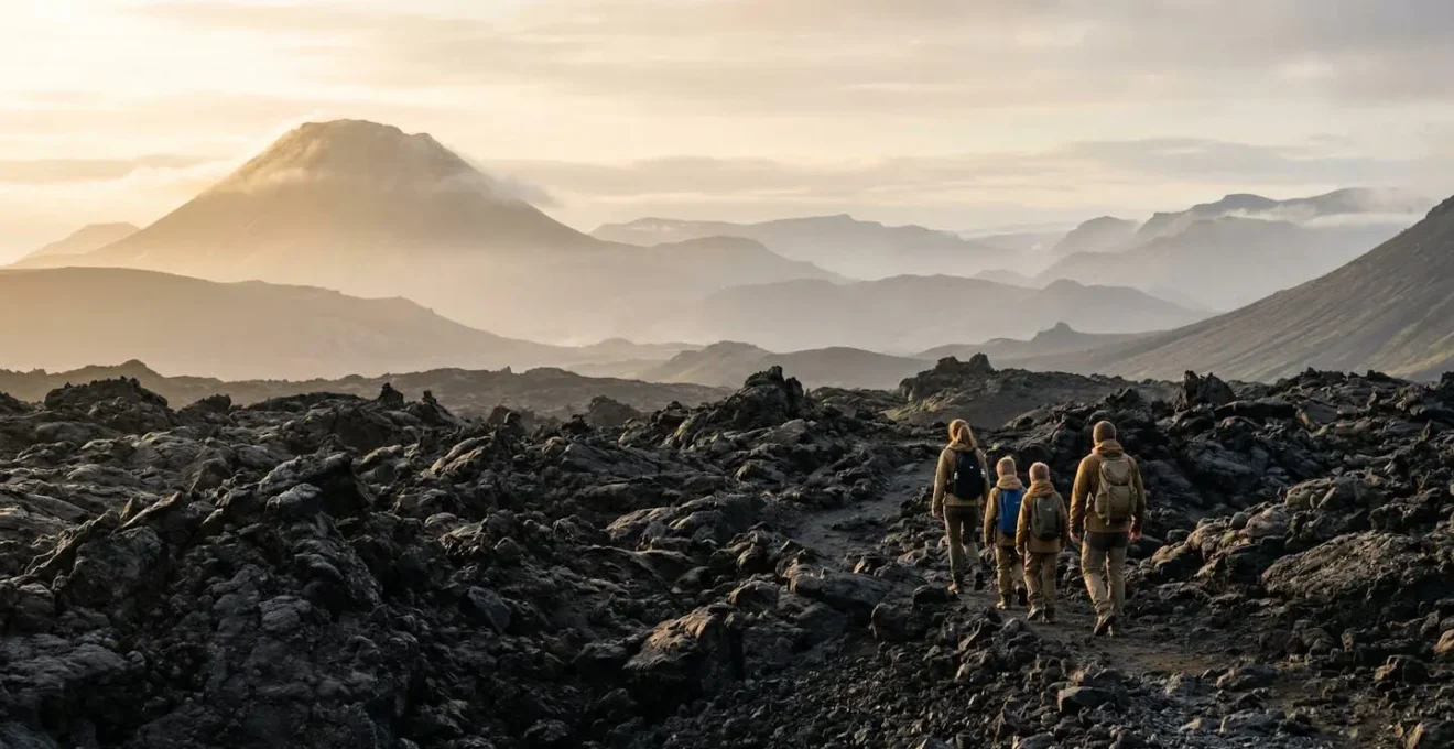 Famille avec enfants marchant sur les roches volcaniques du Piton de la Fournaise au lever du soleil
