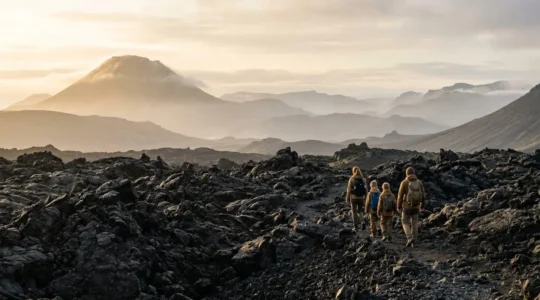 Famille avec enfants marchant sur les roches volcaniques du Piton de la Fournaise au lever du soleil