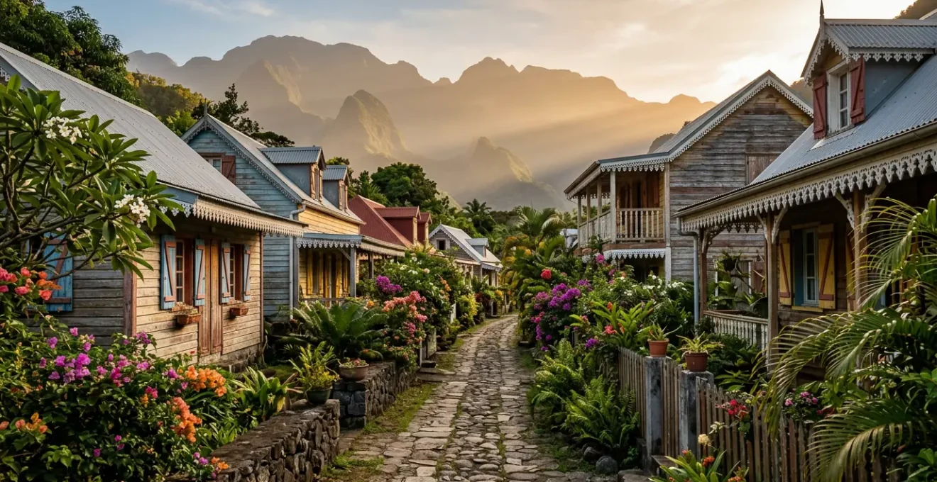 Vue pittoresque d'une ruelle fleurie de l'Entre-Deux avec cases créoles aux lambrequins blancs et varangues ombragées