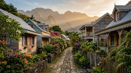 Vue pittoresque d'une ruelle fleurie de l'Entre-Deux avec cases créoles aux lambrequins blancs et varangues ombragées