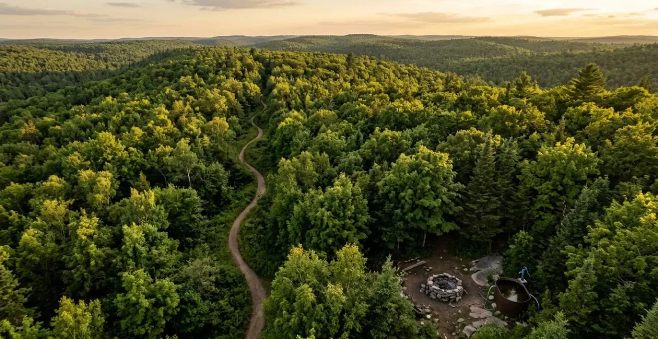 Vue aérienne d'une forêt verdoyante avec un sentier de randonnée et des équipements de sécurité incendie visibles