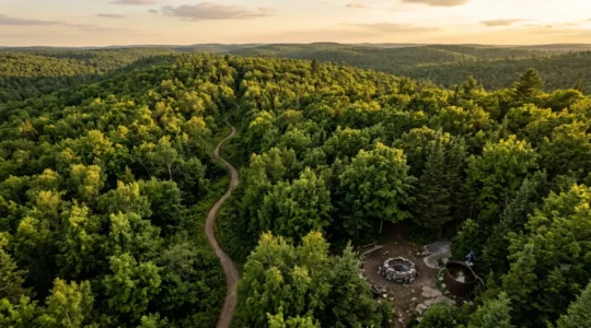 Vue aérienne d'une forêt verdoyante avec un sentier de randonnée et des équipements de sécurité incendie visibles