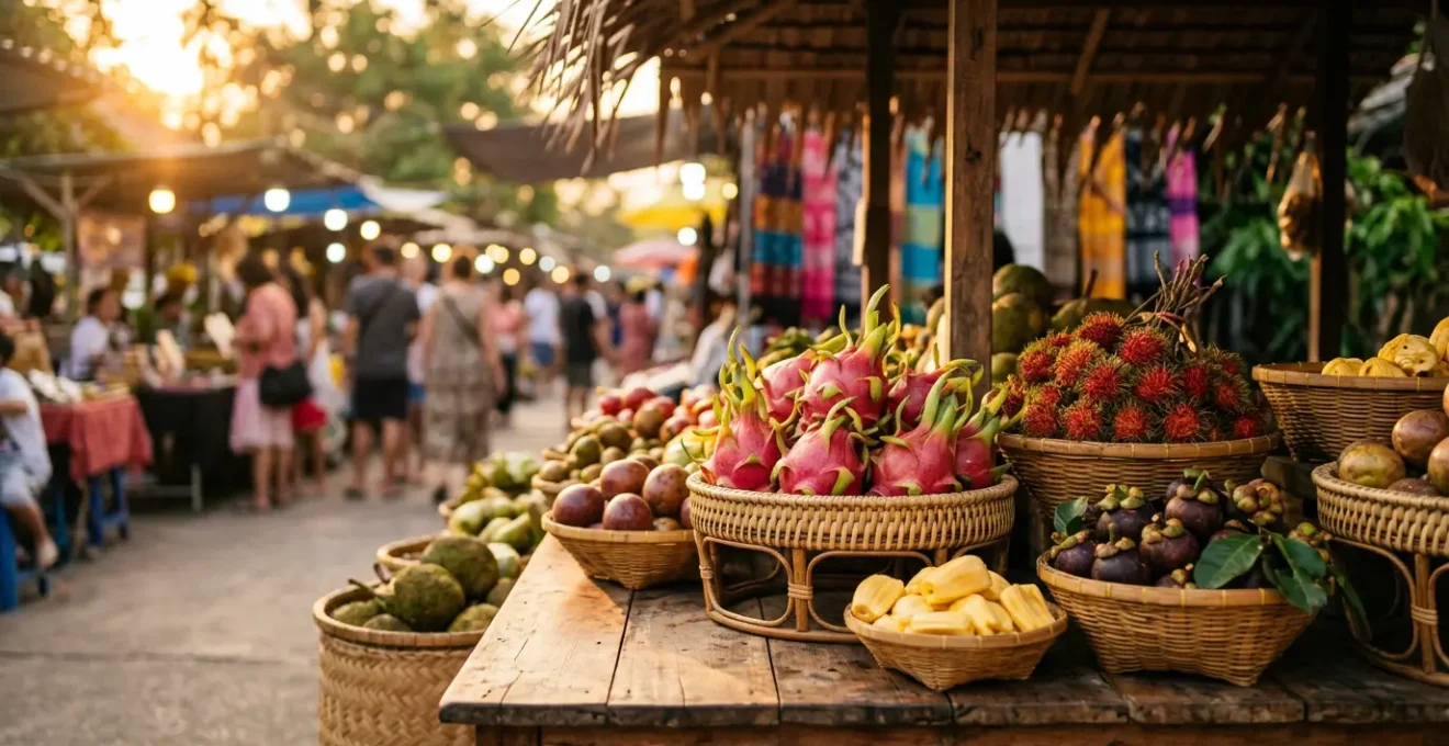 Étalage coloré de fruits exotiques rares et méconnus sur un marché tropical