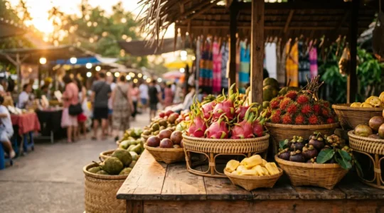 Étalage coloré de fruits exotiques rares et méconnus sur un marché tropical
