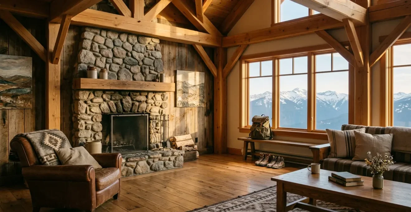 Vue intérieure chaleureuse d'un gîte rural avec poutres apparentes et détails rustiques, évoquant confort et intimité