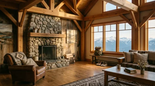 Vue intérieure chaleureuse d'un gîte rural avec poutres apparentes et détails rustiques, évoquant confort et intimité