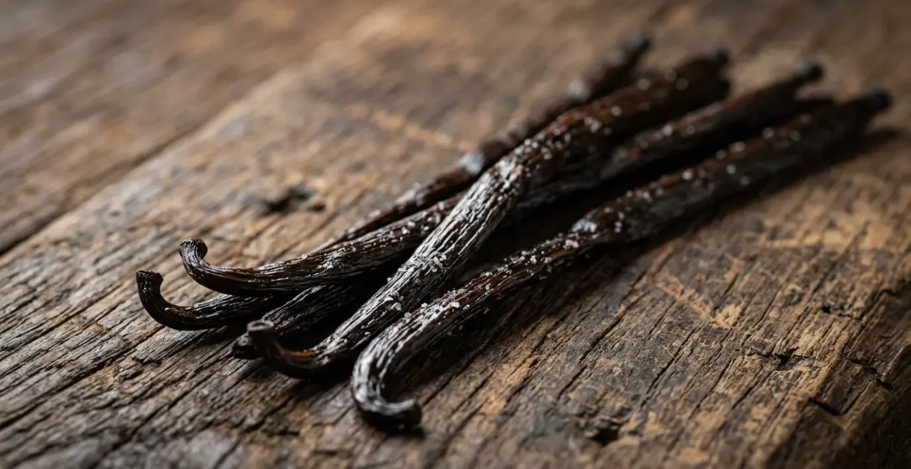Gousses de vanille Bourbon IGP authentiques sur une surface en bois naturel avec cristaux de vanilline visibles