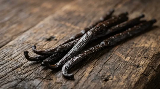 Gousses de vanille Bourbon IGP authentiques sur une surface en bois naturel avec cristaux de vanilline visibles