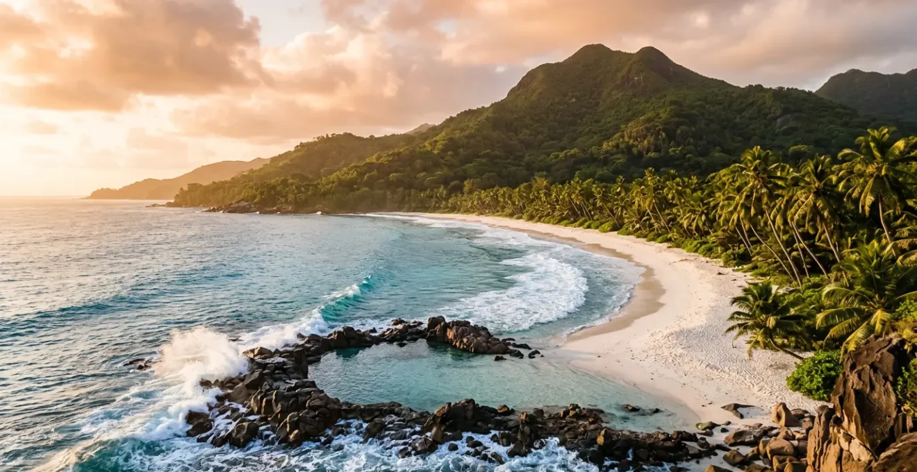 Vue panoramique de la plage de Grande Anse avec ses cocotiers, son sable blanc et le bassin naturel protégé par les rochers basaltiques
