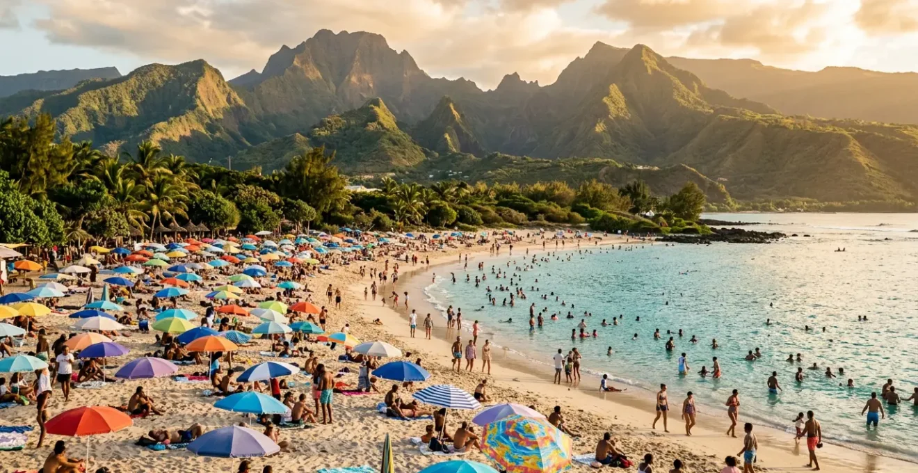 Plage bondée de la Réunion en haute saison avec vue sur les montagnes en arrière-plan