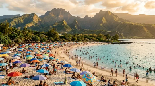 Plage bondée de la Réunion en haute saison avec vue sur les montagnes en arrière-plan