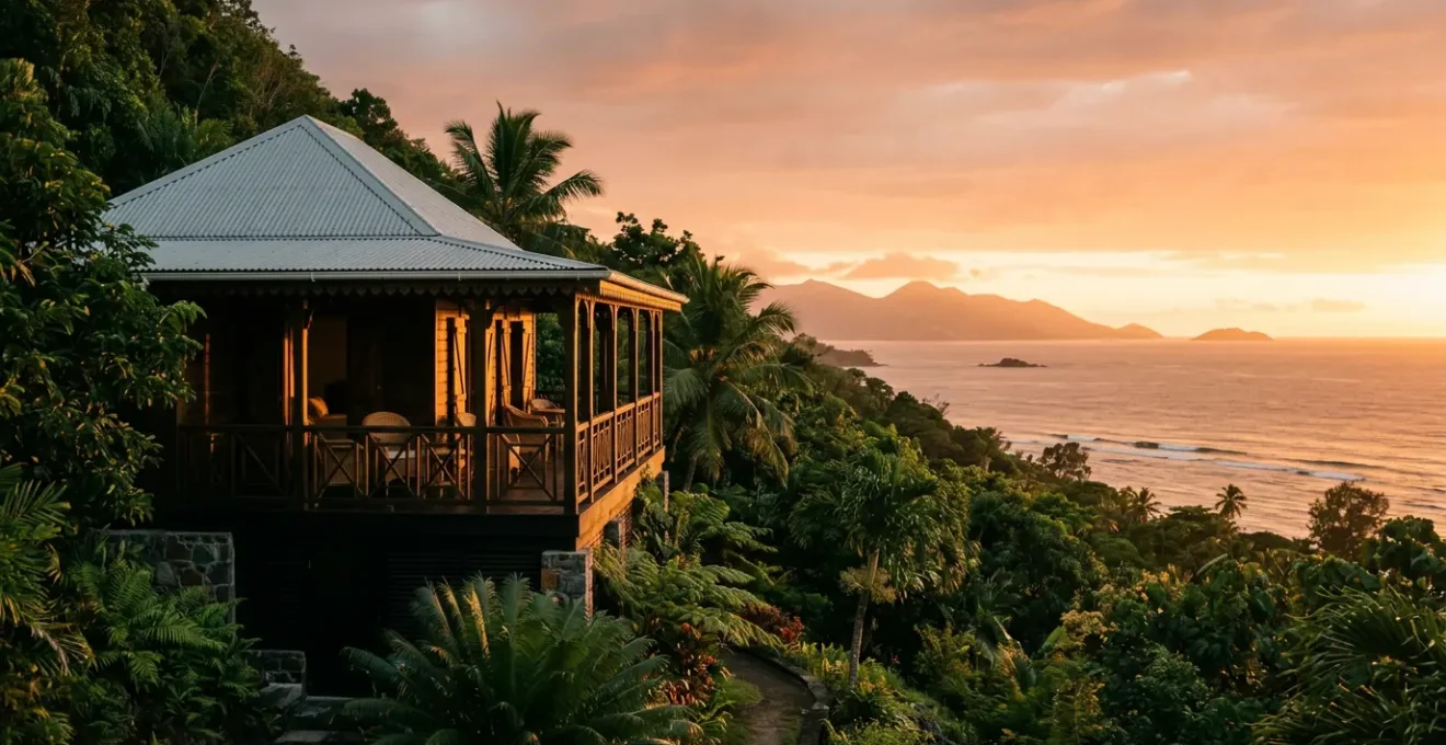 Villa créole avec varangue traditionnelle dominant l'océan Indien au coucher du soleil à La Réunion
