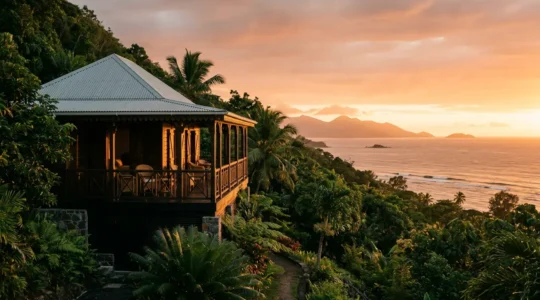 Villa créole avec varangue traditionnelle dominant l'océan Indien au coucher du soleil à La Réunion