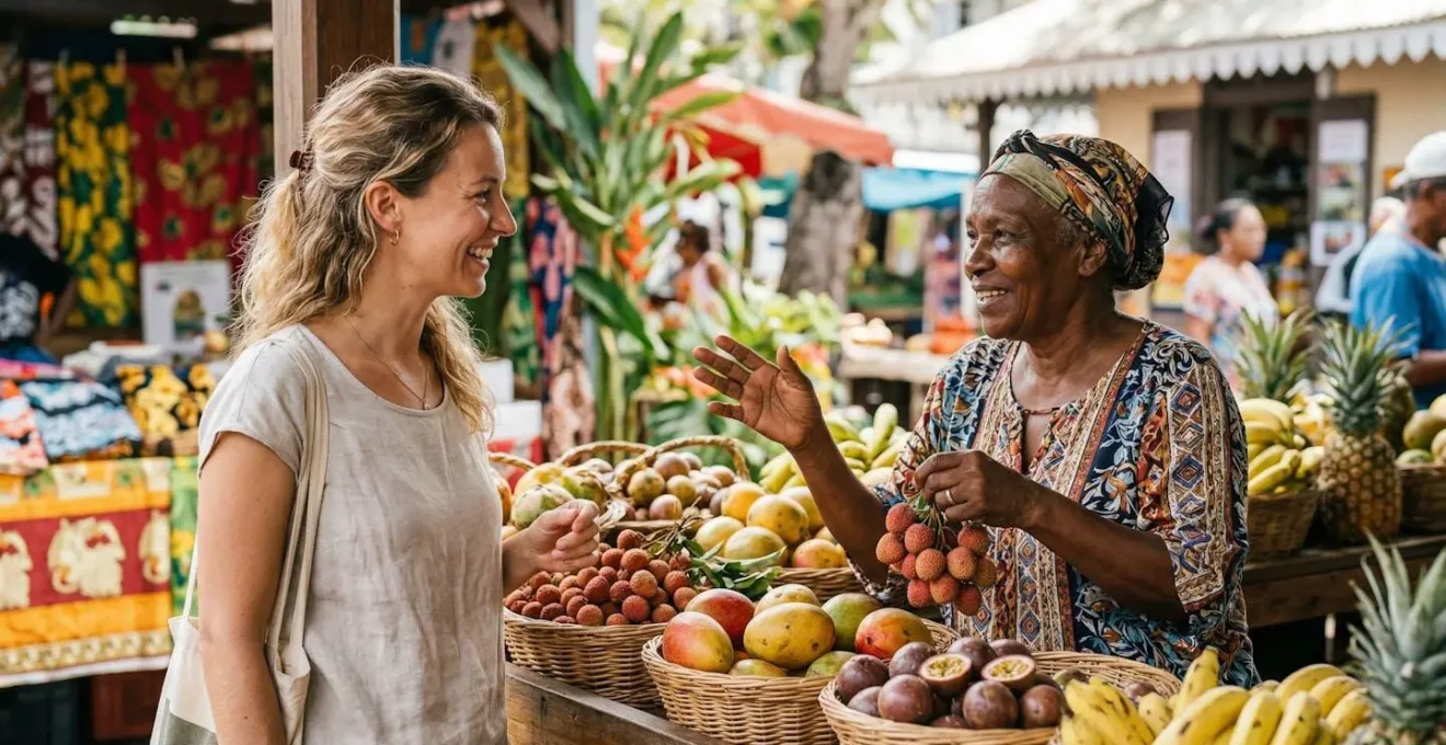 Voyageur métropolitain échangeant avec un vendeur local sur un marché coloré de La Réunion, ambiance chaleureuse et authentique