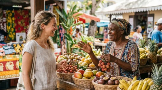 Voyageur métropolitain échangeant avec un vendeur local sur un marché coloré de La Réunion, ambiance chaleureuse et authentique