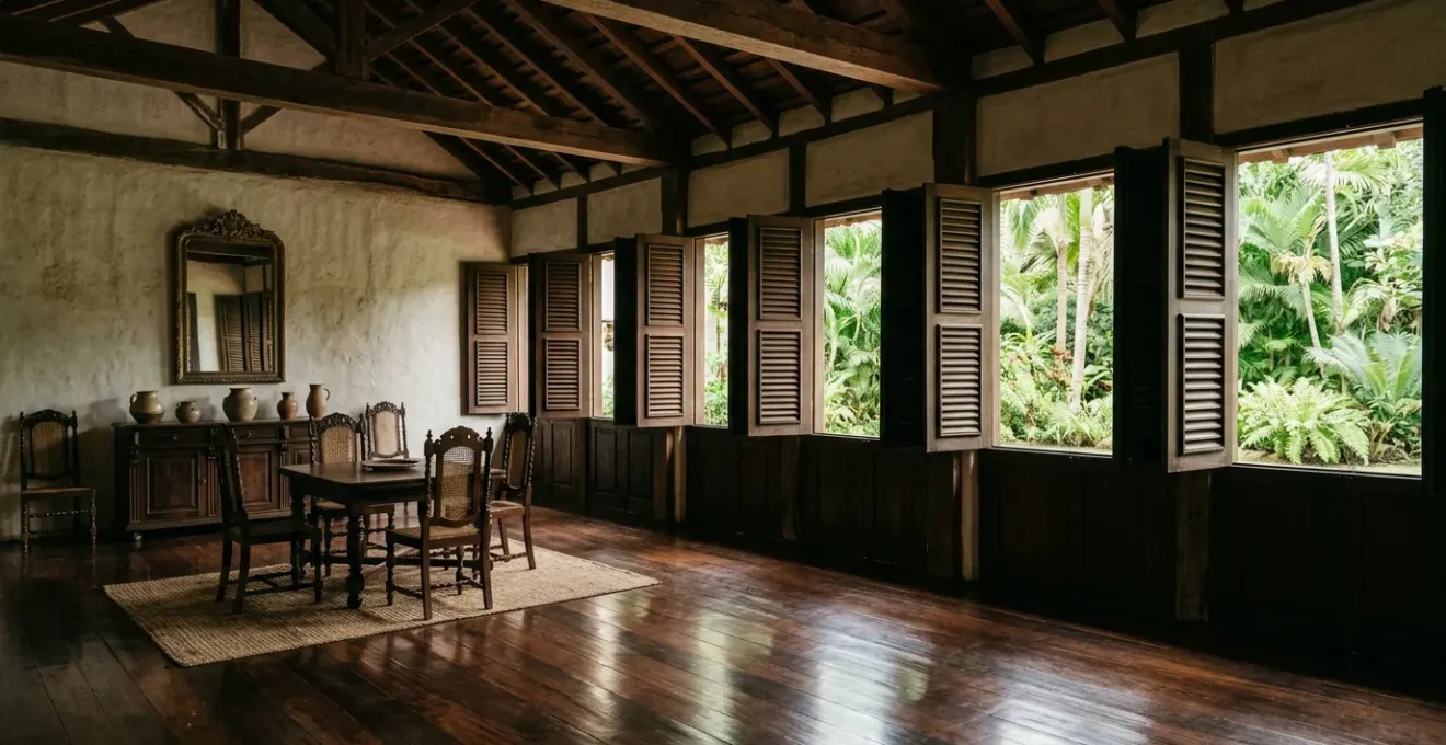 Vue intérieure d'un musée colonial à La Réunion avec mobilier d'époque et atmosphère tamisée