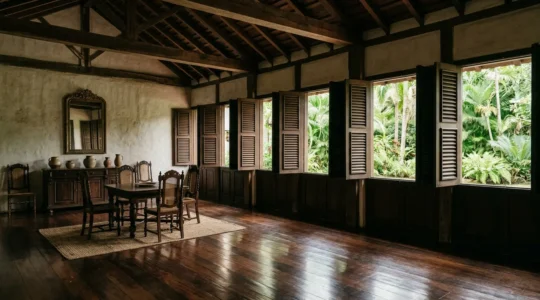 Vue intérieure d'un musée colonial à La Réunion avec mobilier d'époque et atmosphère tamisée