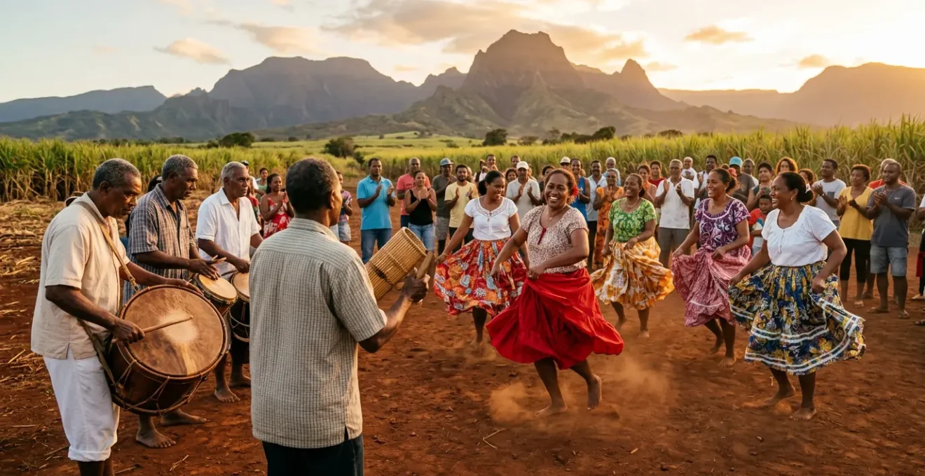 Scène de kabar maloya authentique à La Réunion avec musiciens et instruments traditionnels