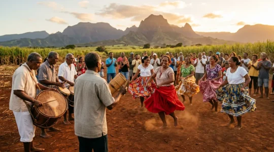 Scène de kabar maloya authentique à La Réunion avec musiciens et instruments traditionnels