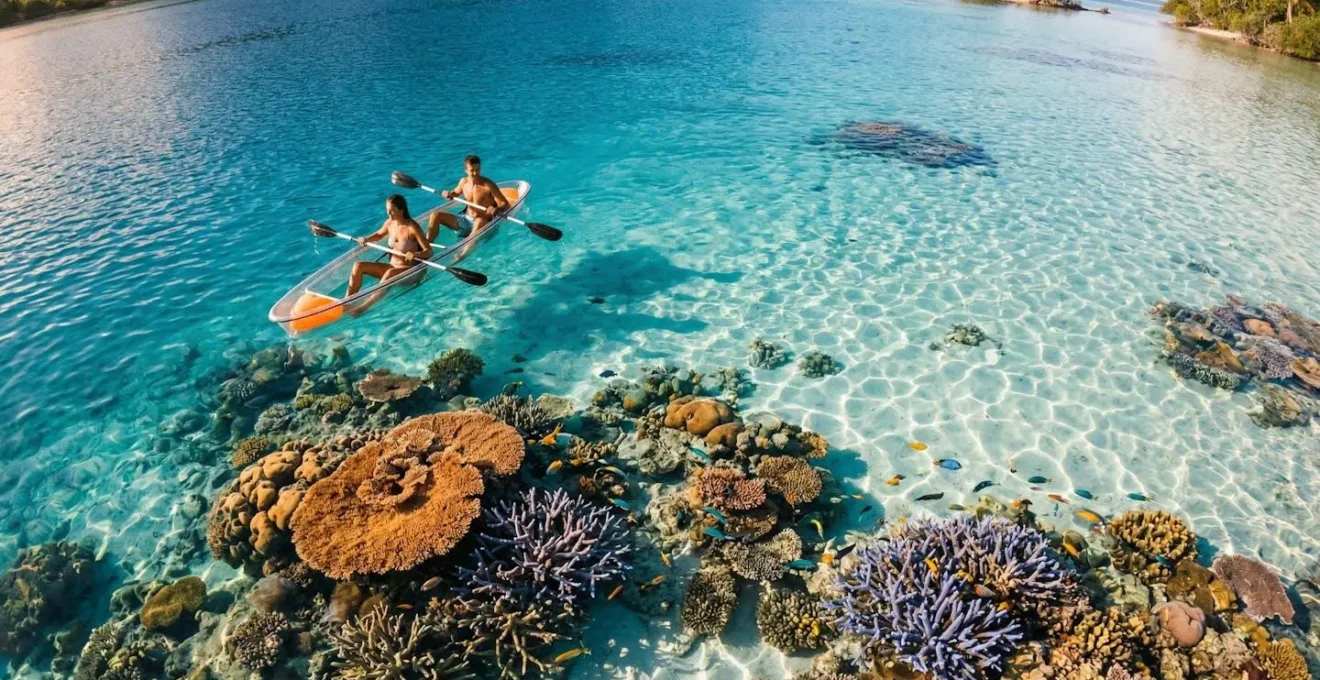 Vue aérienne d'un kayak transparent au-dessus d'un récif corallien coloré dans un lagon turquoise
