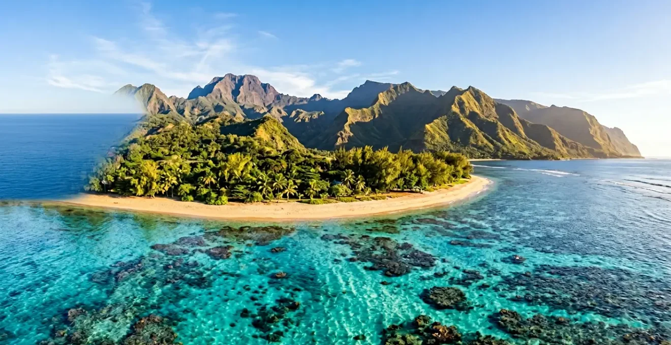 Vue panoramique de La Réunion montrant le contraste entre les lagons turquoise et les montagnes verdoyantes sous un ciel bleu