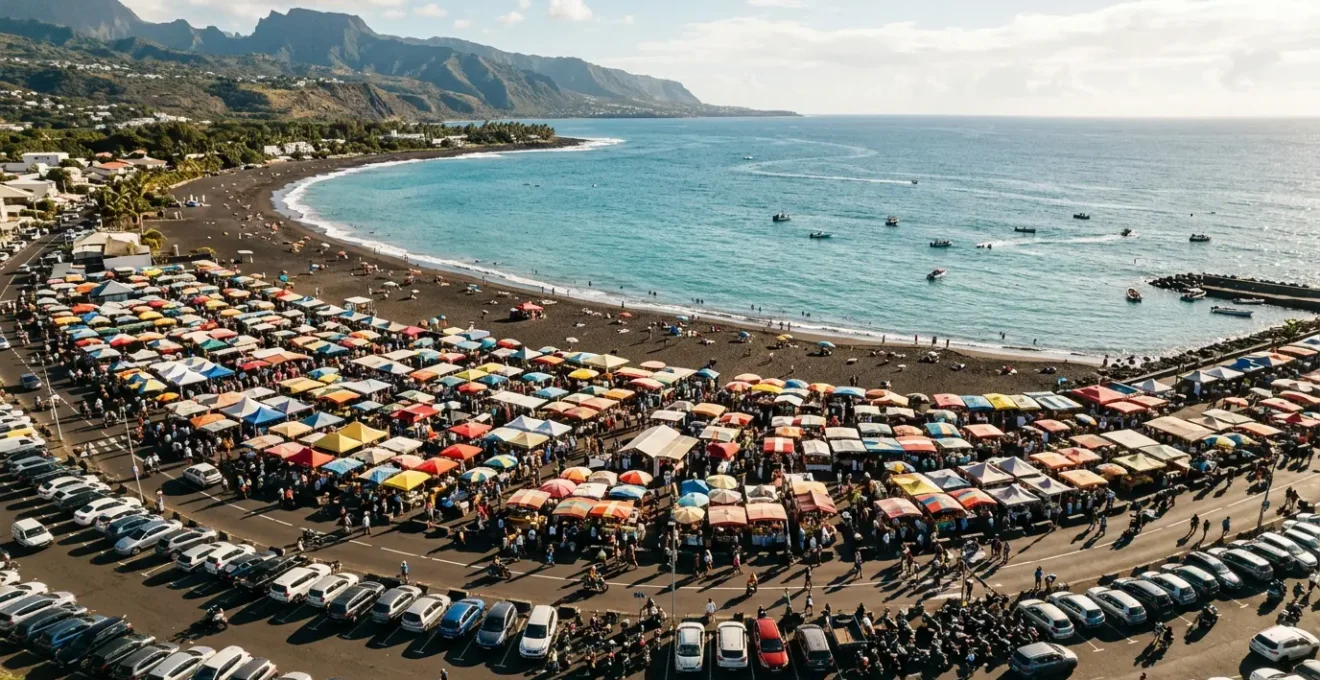Vue aérienne du marché de Saint-Paul bondé avec ses étals colorés sous le soleil matinal intense