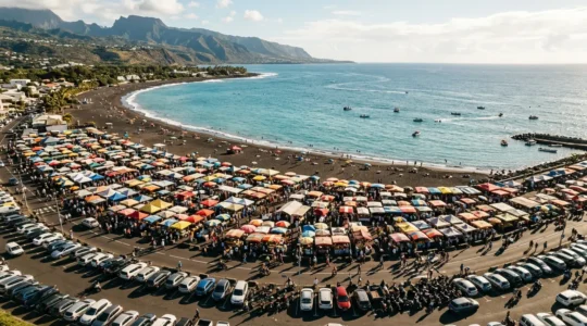 Vue aérienne du marché de Saint-Paul bondé avec ses étals colorés sous le soleil matinal intense